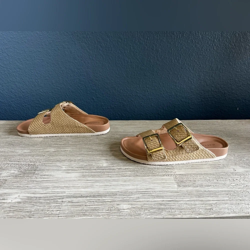 NWOT!!! Madden Girl Tan Slide Sandals with Gold Buckles - Picture 1 of 6